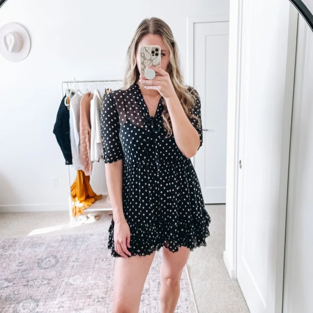 NICHOLAS Black‎ Polka Dot Chiffon Ruffle Mini Dress 0